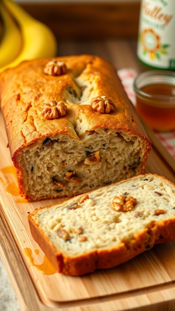 Healthy banana bread loaf sliced on a cutting board with bananas and honey in the background.
